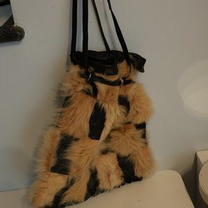 Vintage Black Beige Fur Leather Tote Bag
